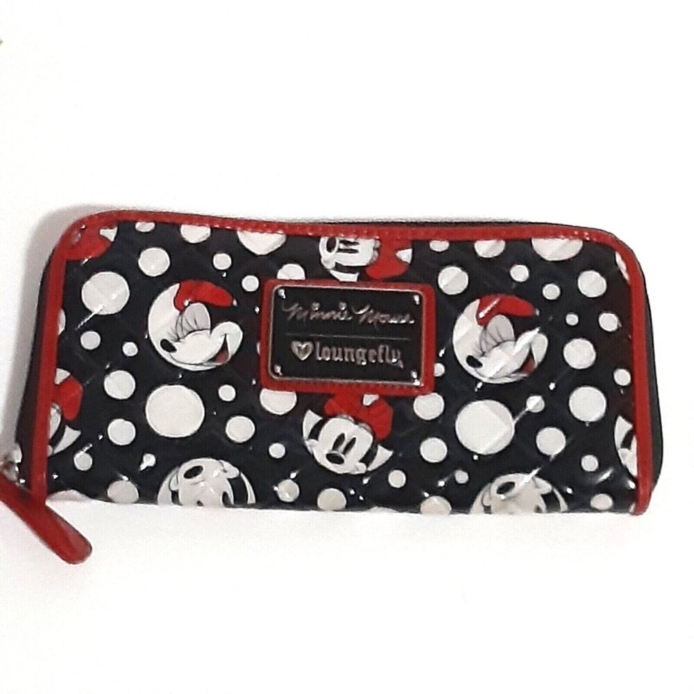 Loungefly Disney Minnie Mouse Wallet Black White Polka Dots Red Trim 8"x4"